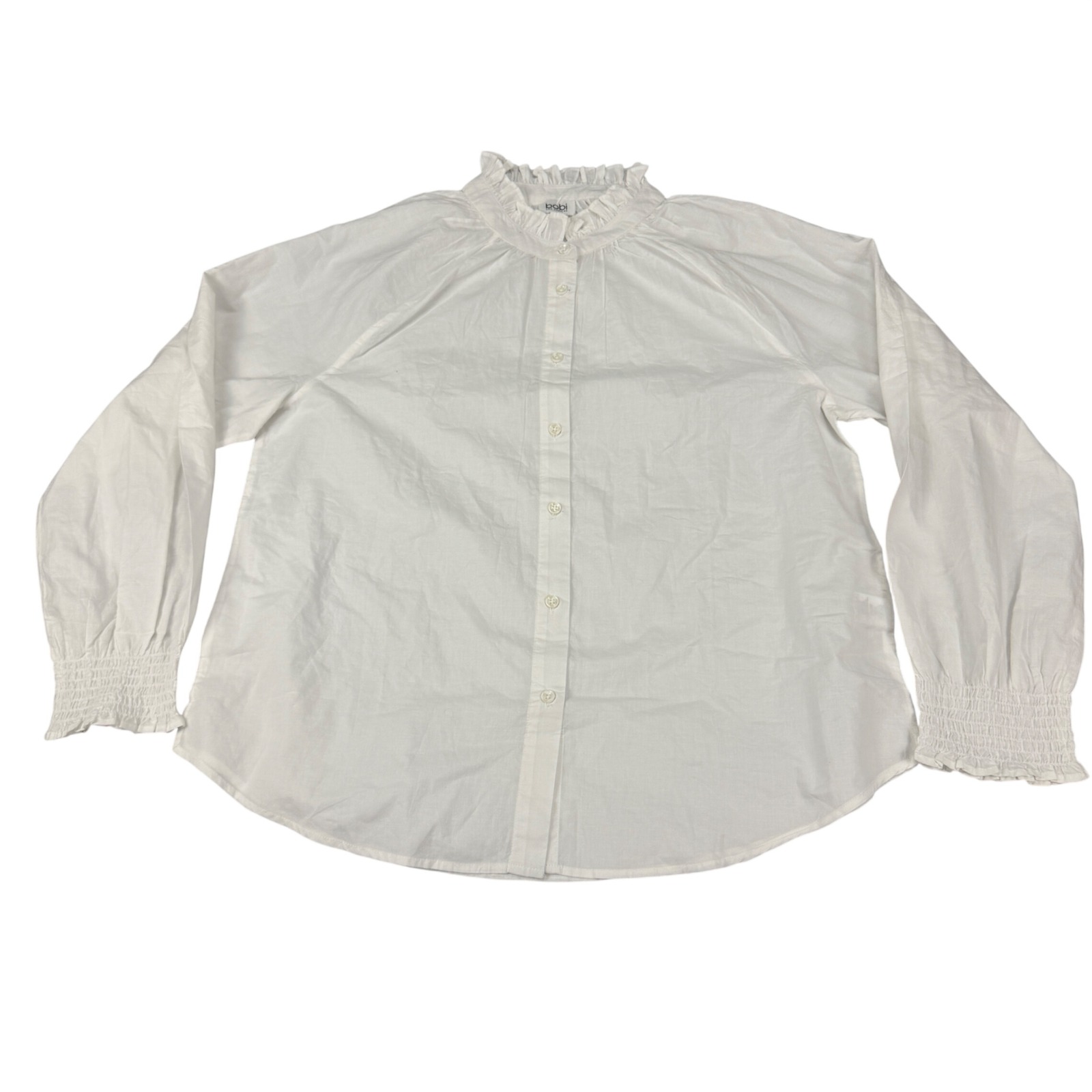 Bobi Los Angeles White Cotton Ruffle Neck Smocked Cuff Blouse Top Large